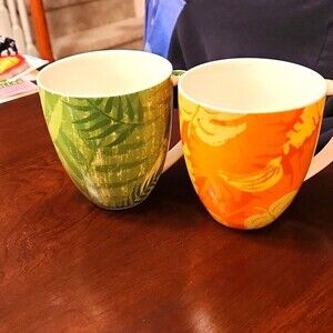 Starbucks Set of 2 Mugs Green Tropical Palms & Yellow Banana Leaves 2006 Edition